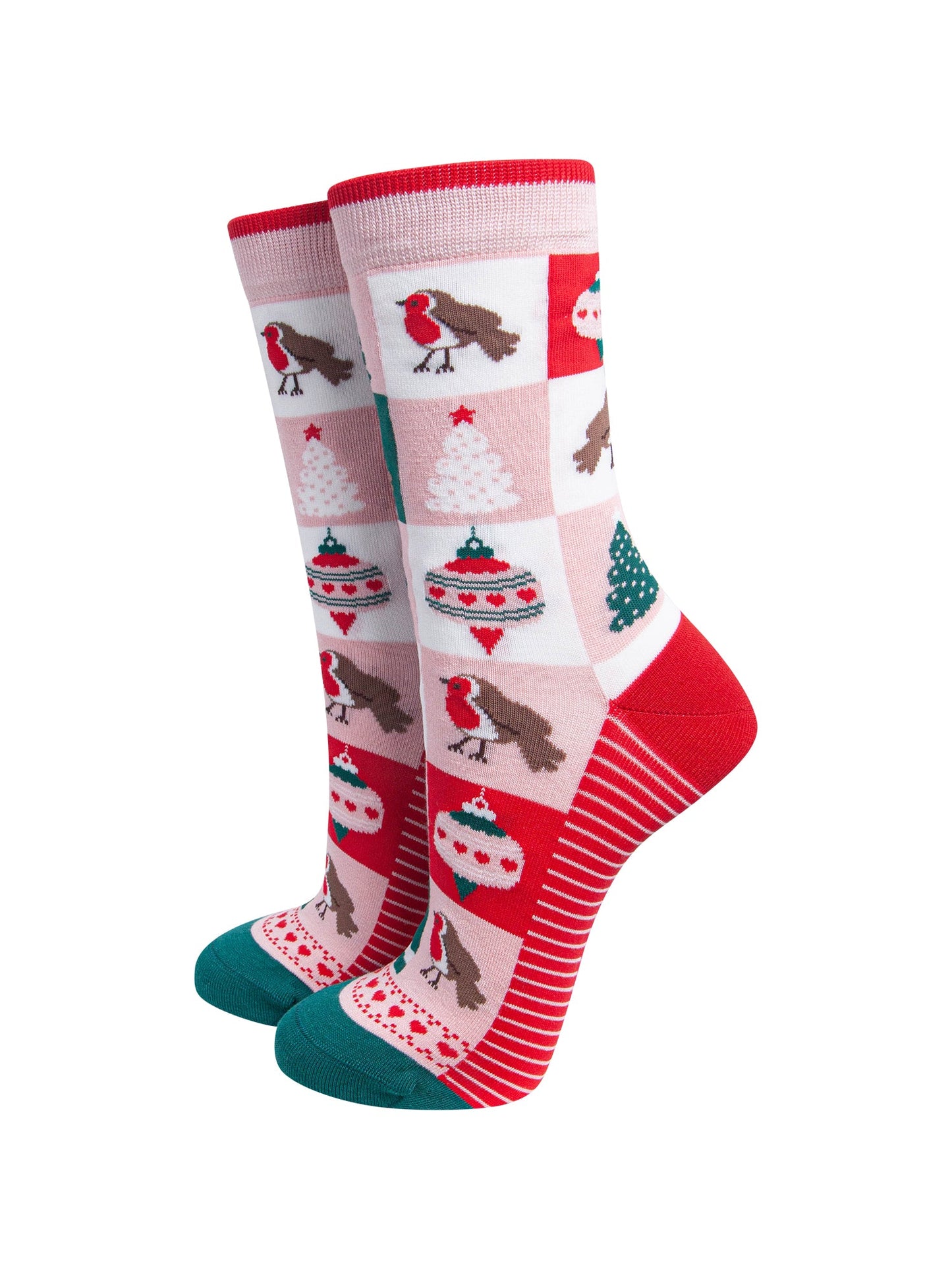 Christmas-Tree-Squares-Women's-Bamboo-Socks-in-Soft-Pink/Red-On-Mannequin
