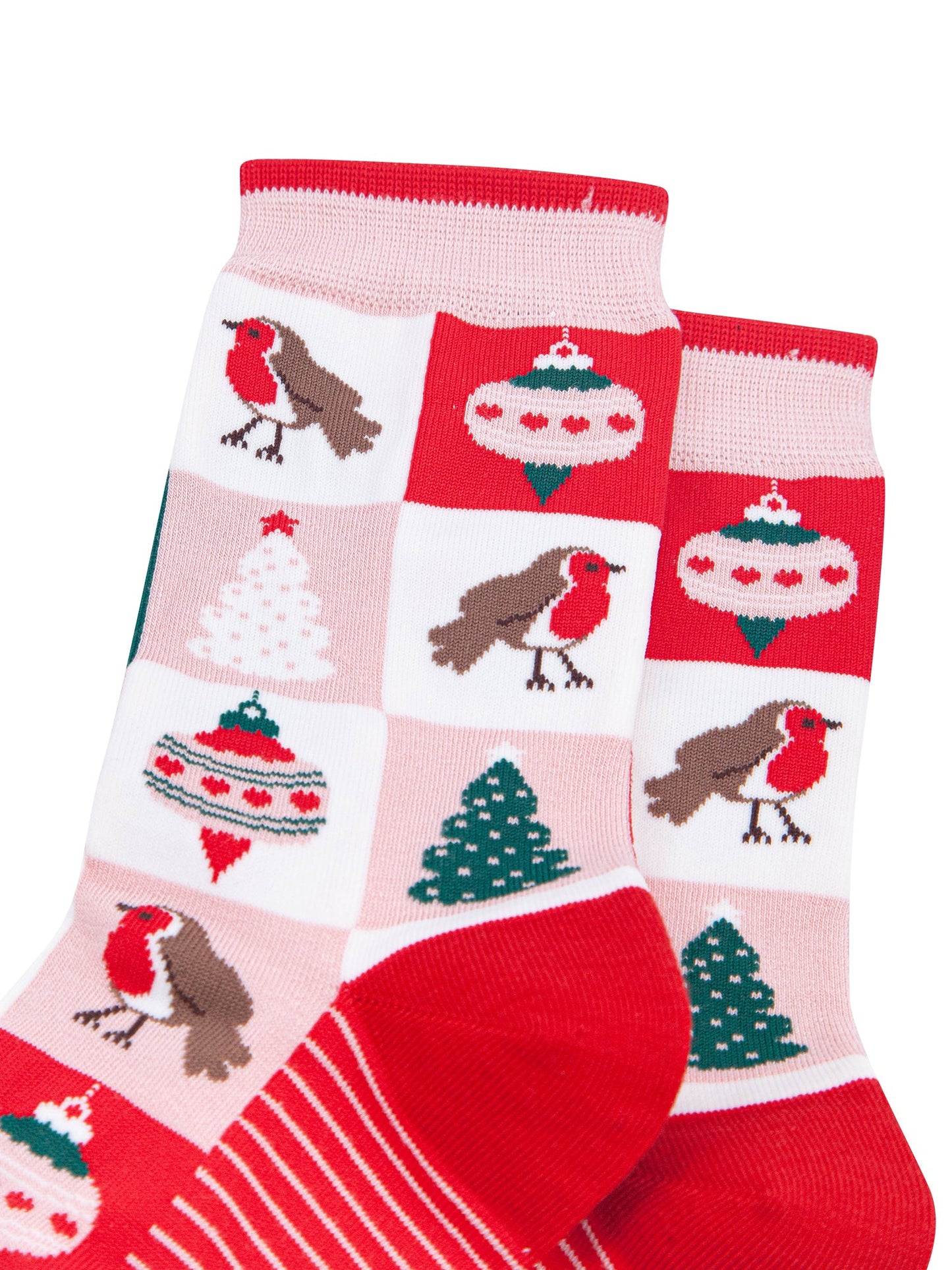 Christmas-Tree-Squares-Women's-Bamboo-Socks-in-Soft-Pink/Red-Close-Up