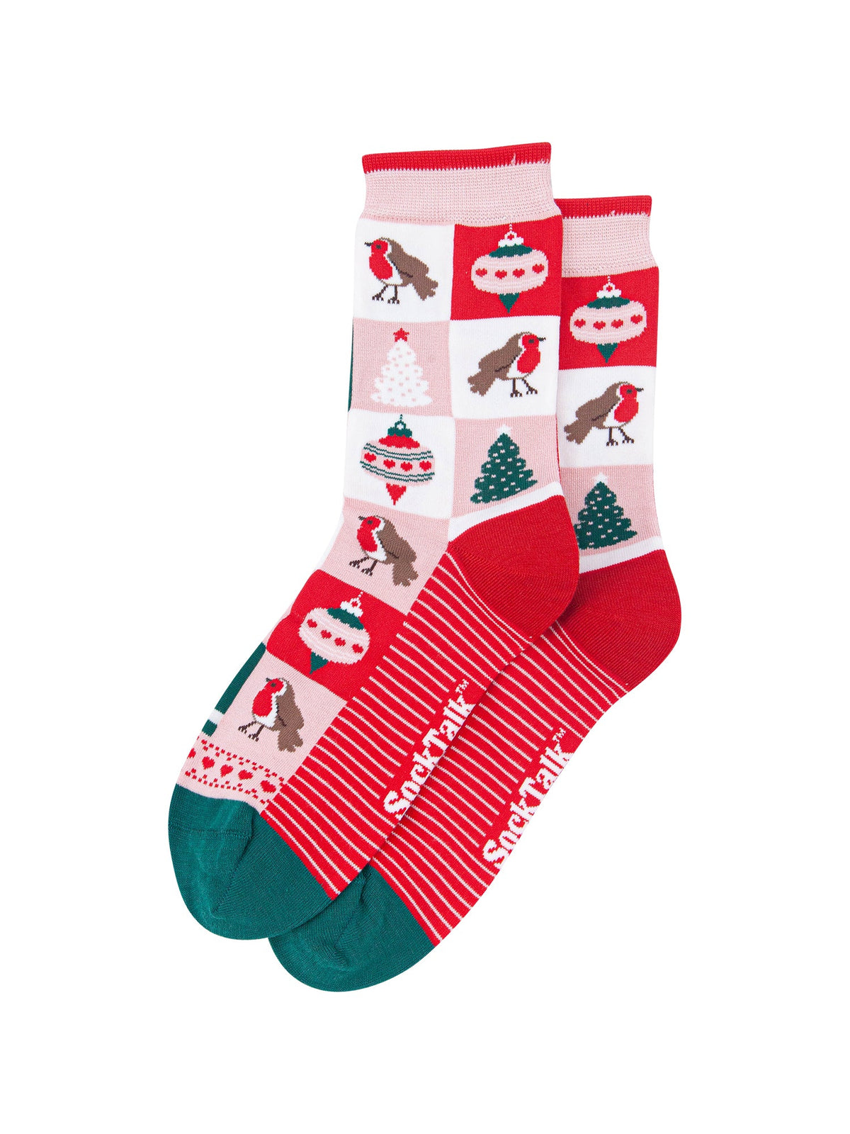 Christmas-Tree-Squares-Women's-Bamboo-Socks-in-Soft-Pink/Red-Laid-Flat
