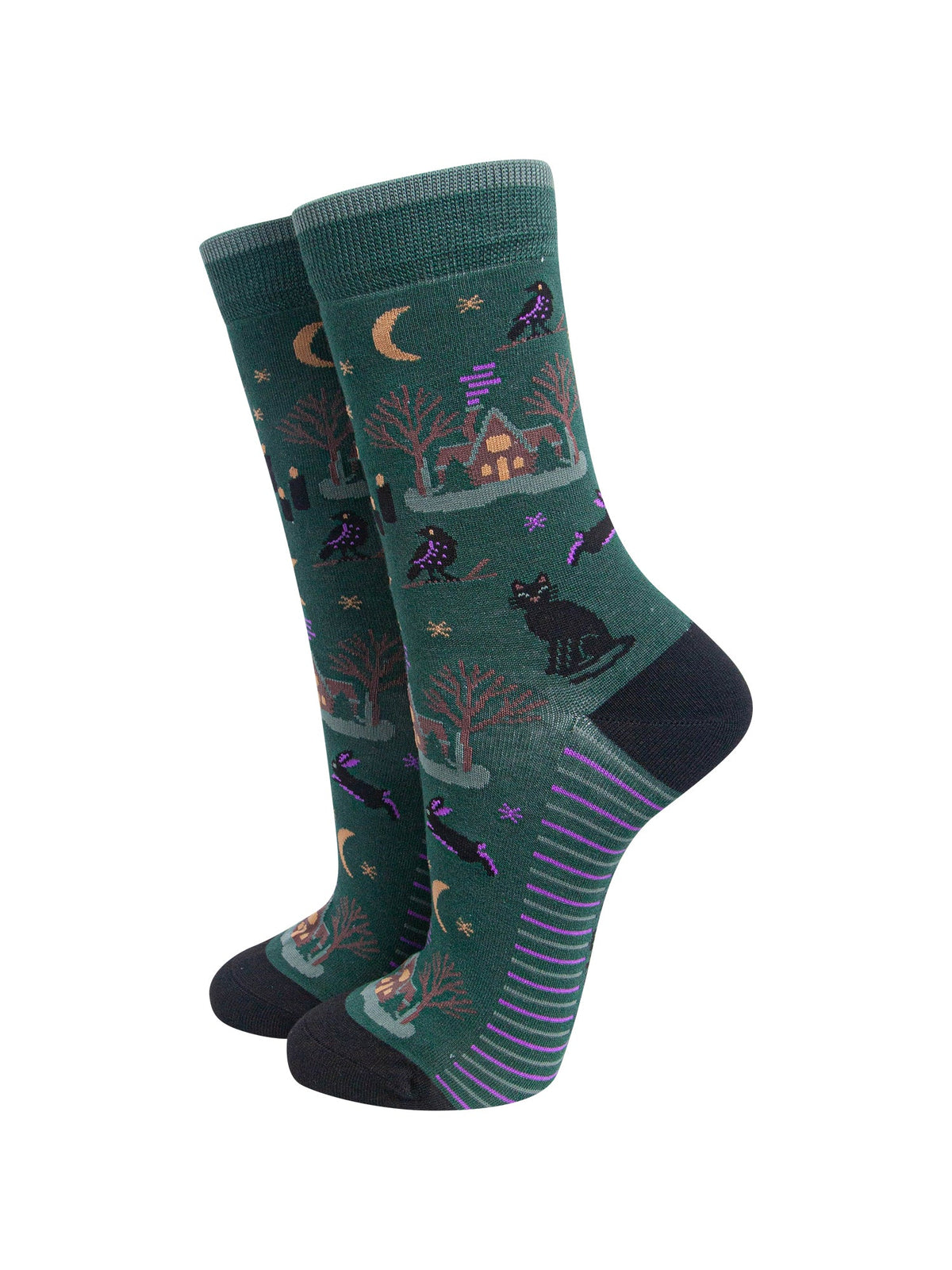 Witchy-Cabin-Women's-Bamboo-Socks-in-Forest-Green-On-Mannequin