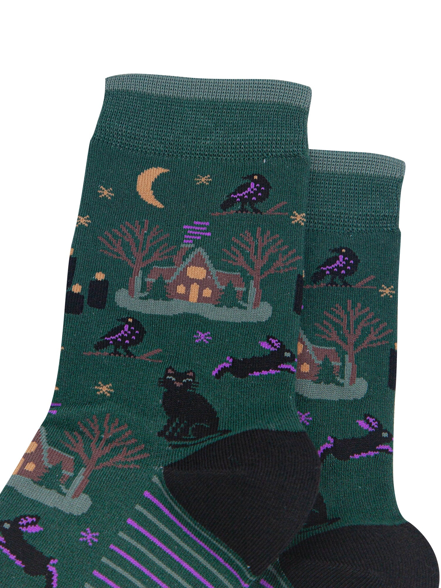 Witchy-Cabin-Women's-Bamboo-Socks-in-Forest-Green-Close-Up