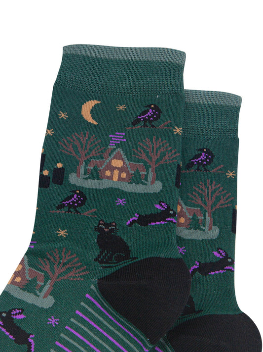 Witchy-Cabin-Women's-Bamboo-Socks-in-Forest-Green-Close-Up