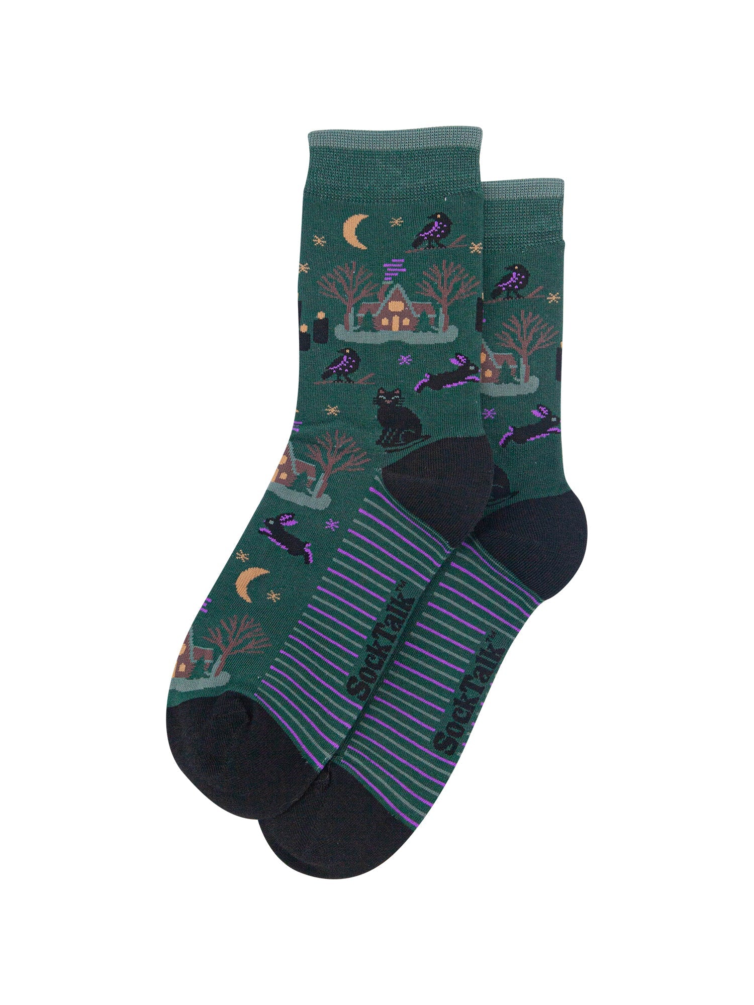 Witchy-Cabin-Women's-Bamboo-Socks-in-Forest-Green-Laid-Flat