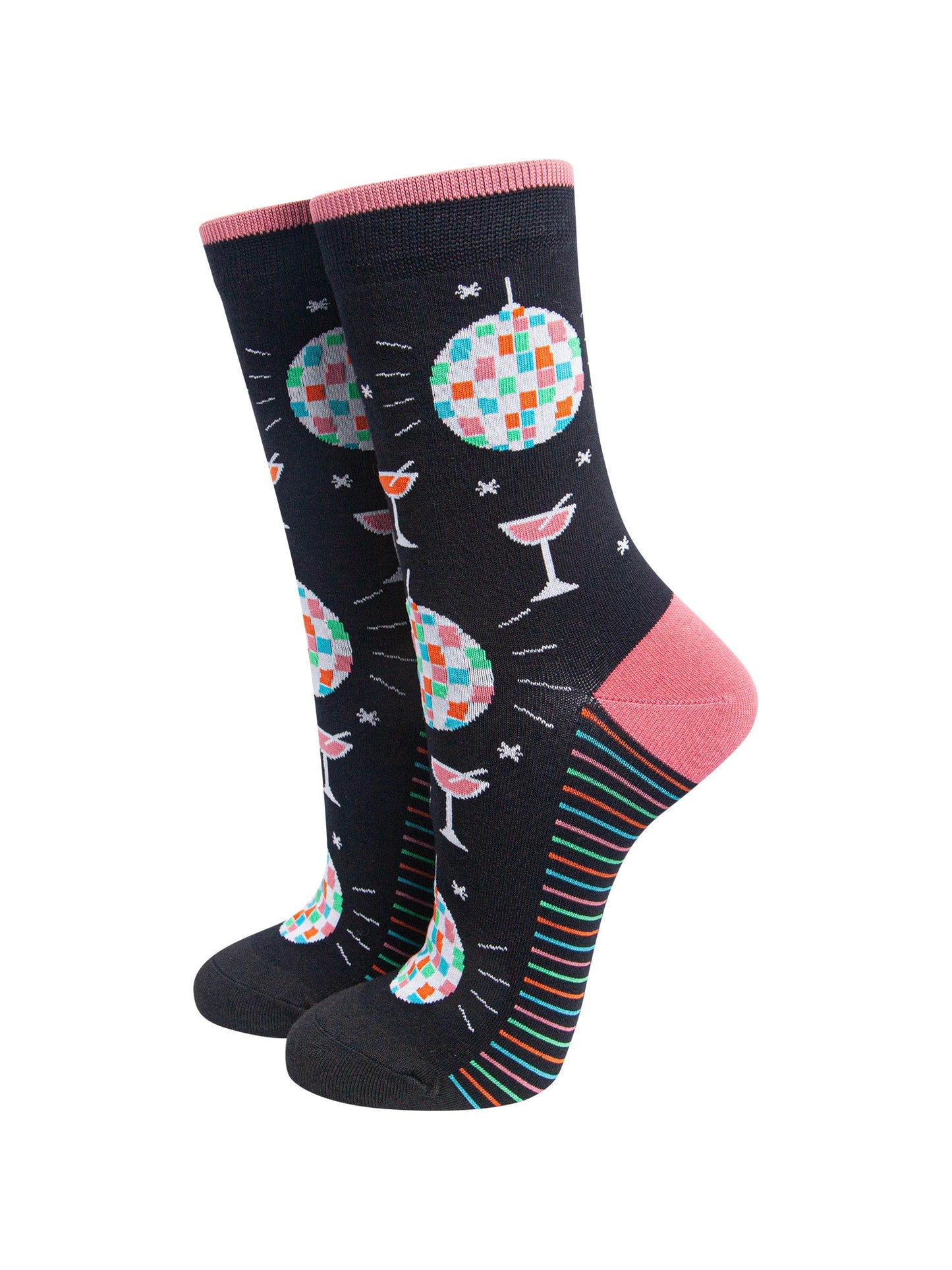 Retro-Discoball-&-Cocktail-Women's-Bamboo-Socks-in-Black-On-Mannequin