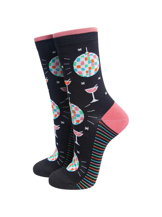 Retro-Discoball-&-Cocktail-Women's-Bamboo-Socks-in-Black-On-Mannequin