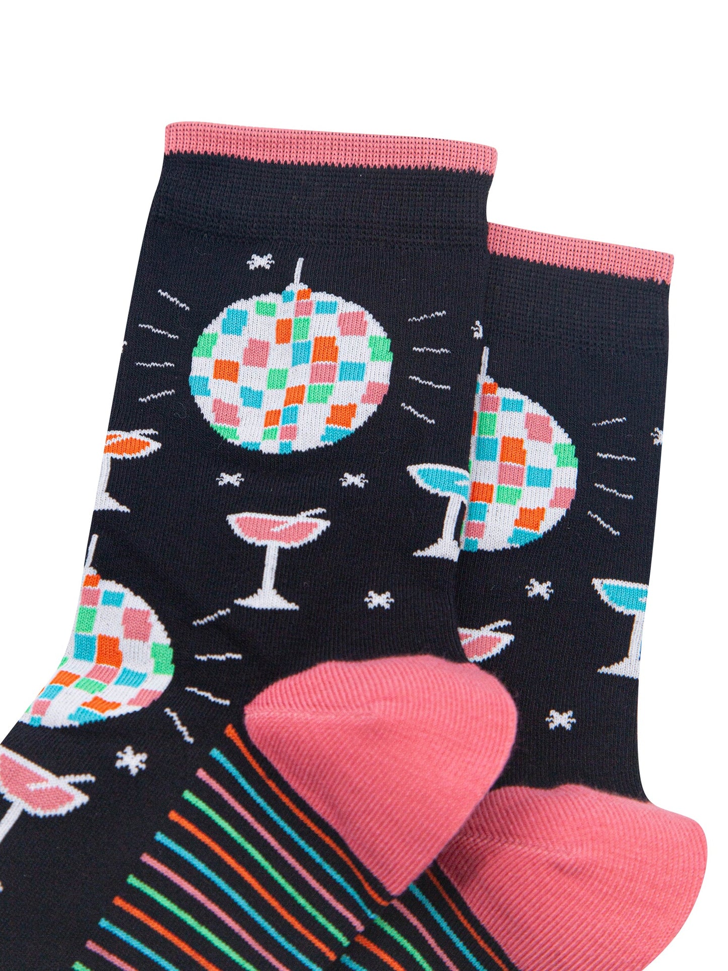 Retro-Discoball-&-Cocktail-Women's-Bamboo-Socks-in-Black-Close-Up