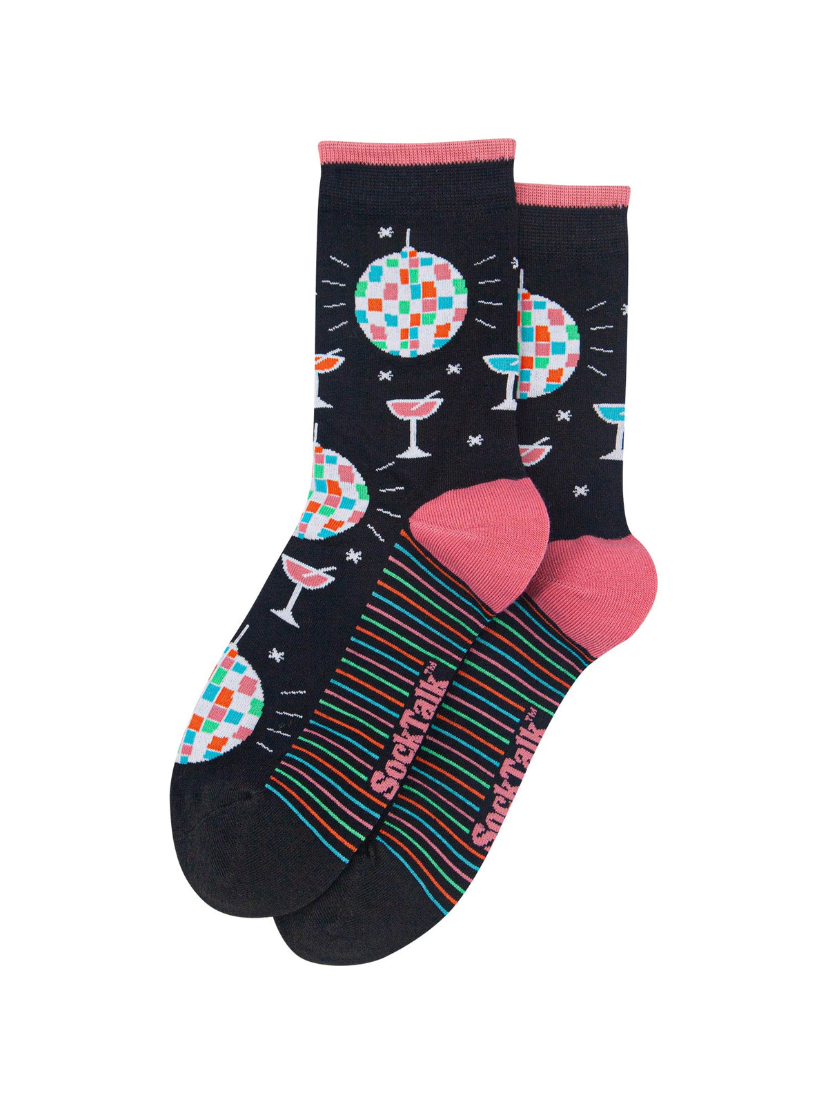 Retro-Discoball-&-Cocktail-Women's-Bamboo-Socks-in-Black-Laid-Flat