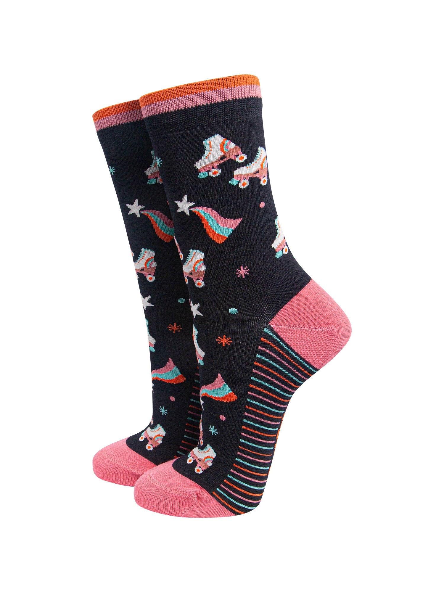 Retro-Rollerskates-Women's-Bamboo-Socks-in-Black-On-Mannequin