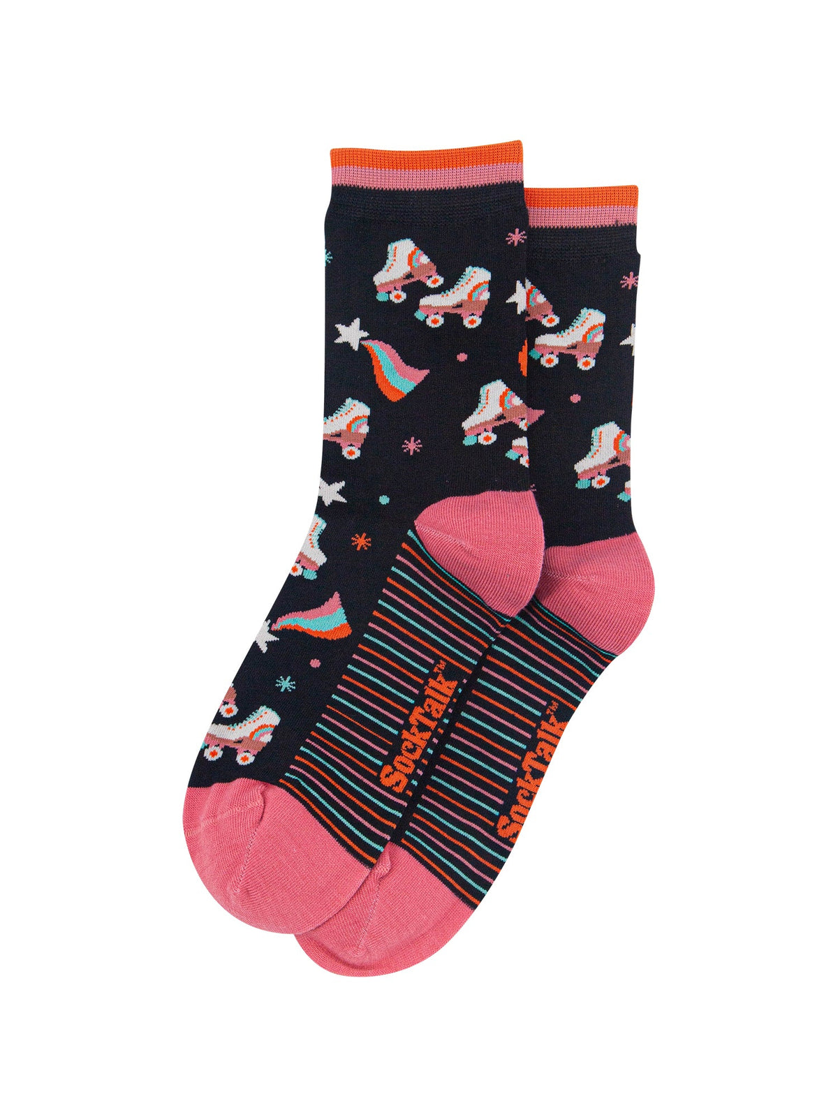 Retro-Rollerskates-Women's-Bamboo-Socks-in-Black-Laid-Flat