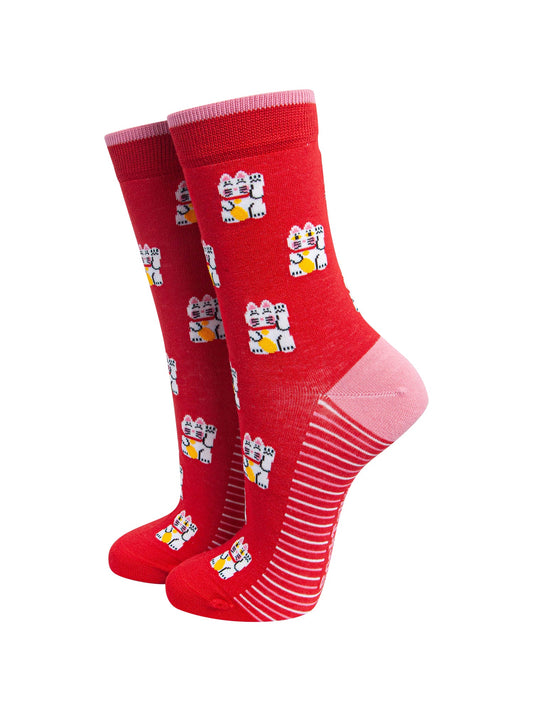 Lucky-Cat-Women's-Bamboo-Socks-in-Red-On-Mannequin