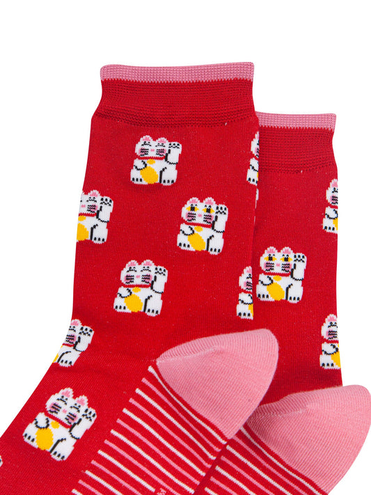 Lucky-Cat-Women's-Bamboo-Socks-in-Red-Close-Up