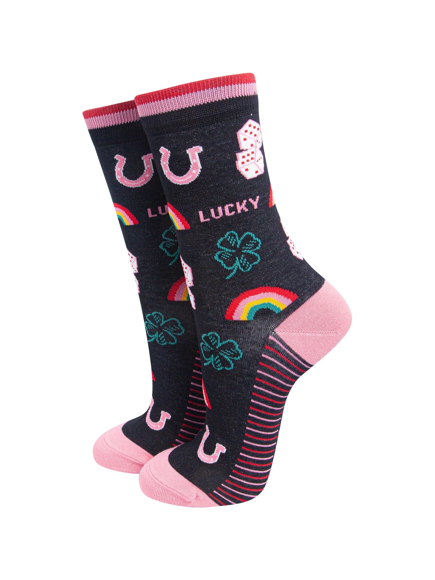 Lucky-Symbols-Women's-Bamboo-Socks-in-Black-On-Mannequin