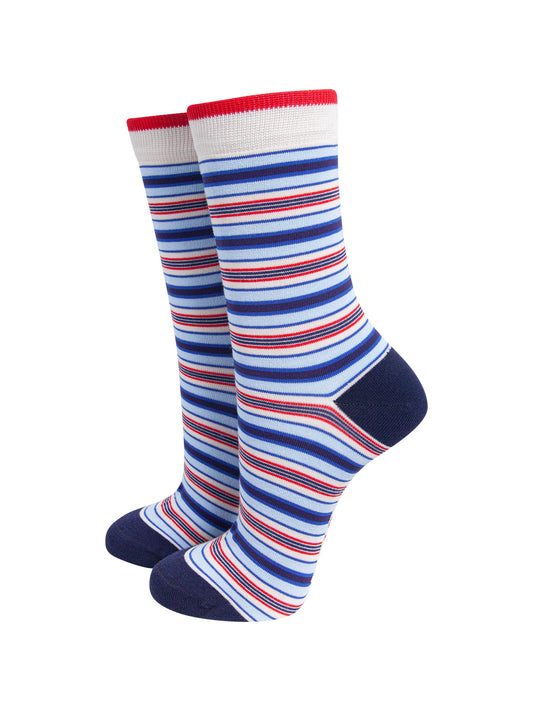 Stripey-Women's-Bamboo-Socks-in-Cream/Blue-On-Mannequin