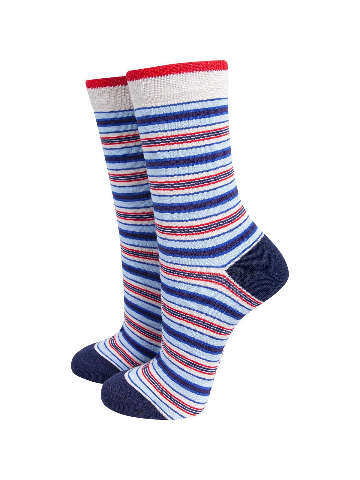 Stripey-Women's-Bamboo-Socks-in-Cream/Blue-On-Mannequin
