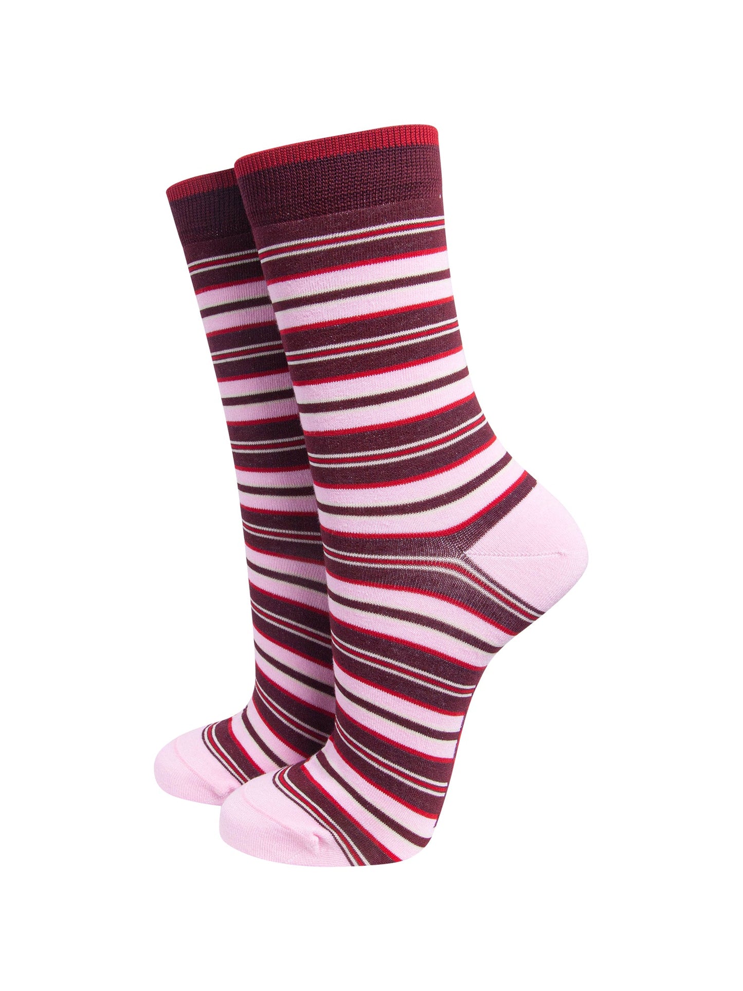 Stripey-Women's-Bamboo-Socks-in-Burgundy/Pink-On-Mannequin