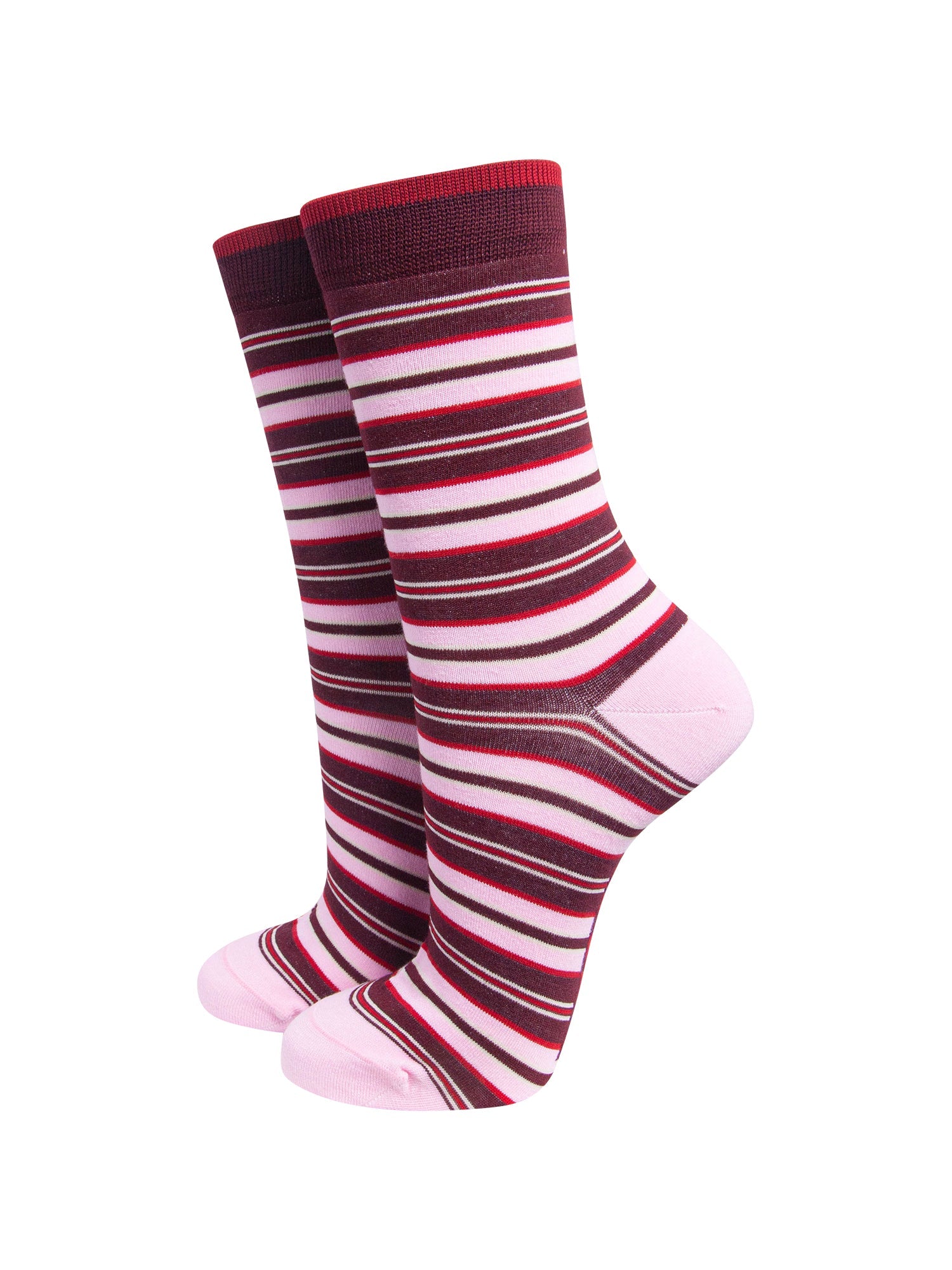 Stripey-Women's-Bamboo-Socks-in-Burgundy/Pink-On-Mannequin