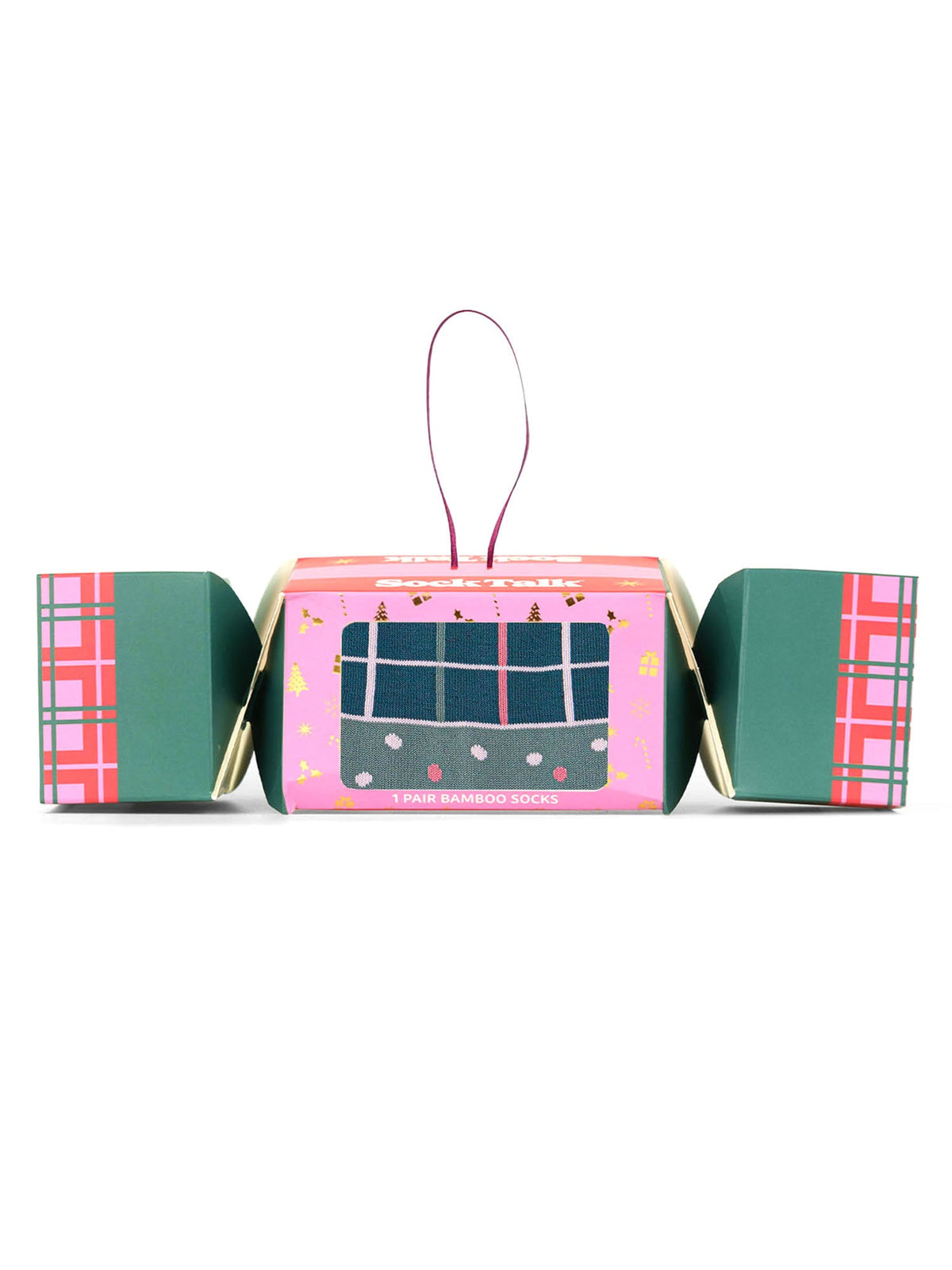 Checkered-Bamboo-Crew-Socks-Christmas-Cracker-Gift-Box-in-Green/Pink