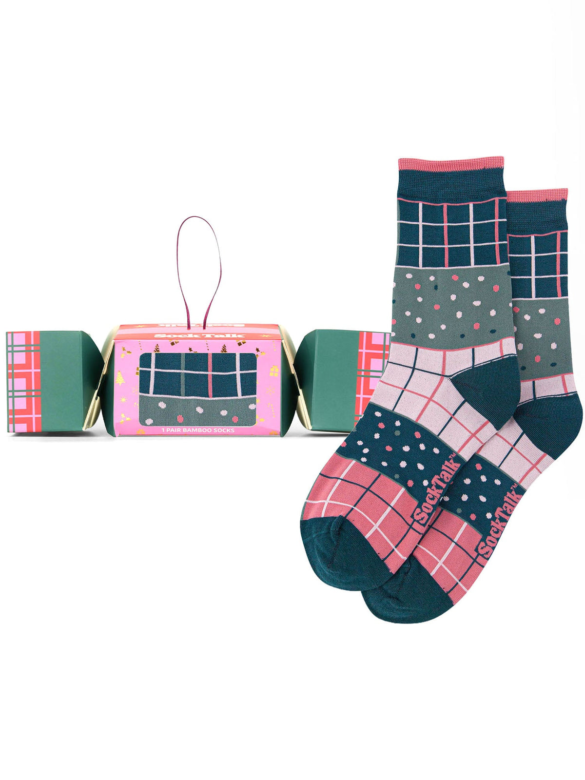 Checkered-Bamboo-Crew-Socks-Christmas-Cracker-Gift-Box-in-Green/Pink