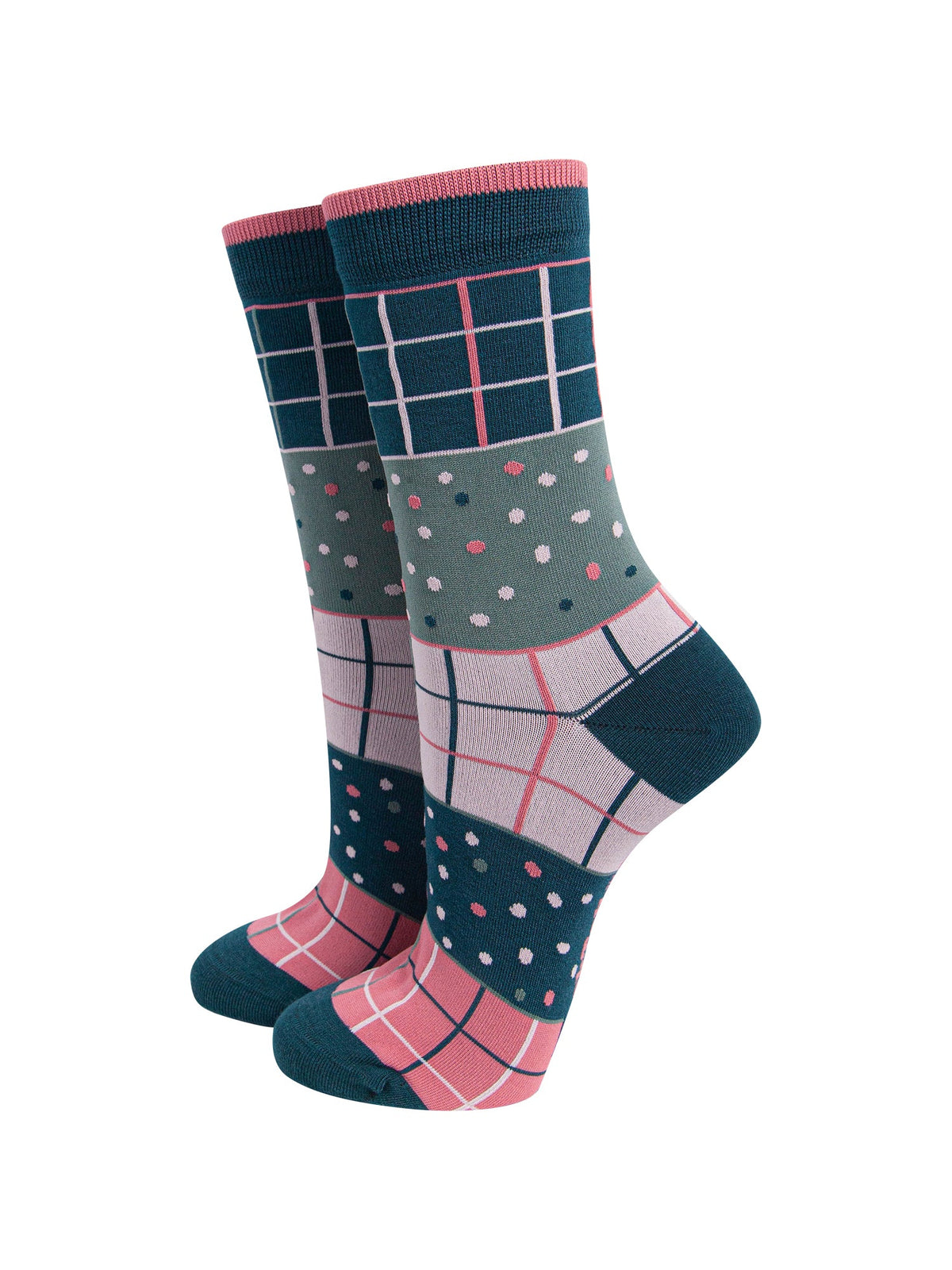 Check-&-Spots-Women's-Bamboo-Socks-in-Green/Pink-On-Mannequin