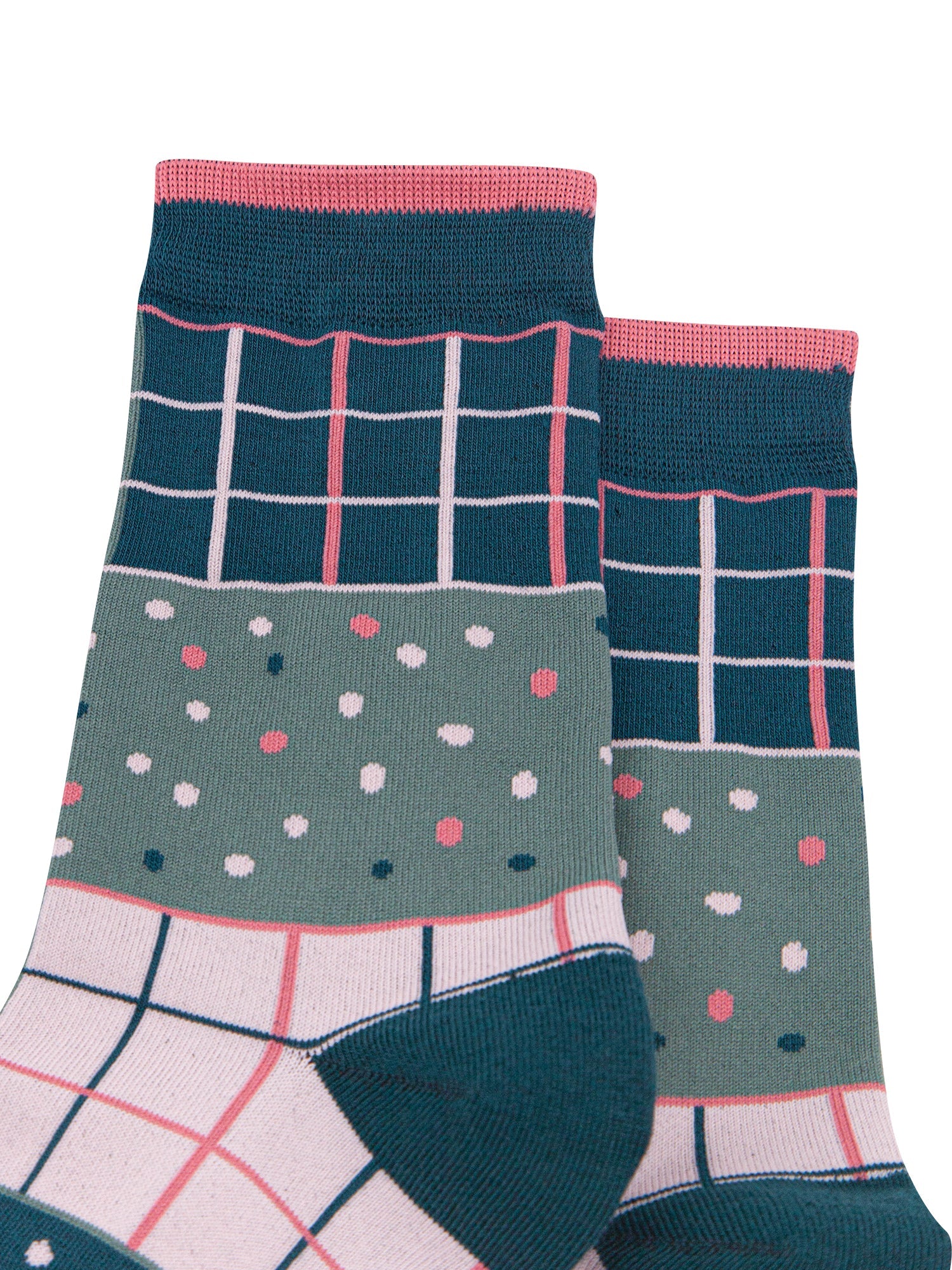 Check-&-Spots-Women's-Bamboo-Socks-in-Green/Pink-Close-Up