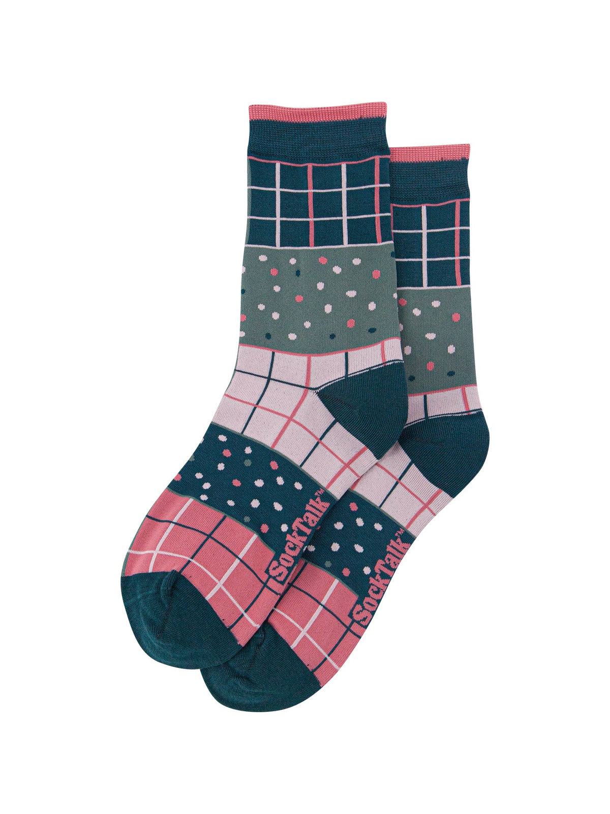 Check-&-Spots-Women's-Bamboo-Socks-in-Green/Pink-Laid-Flat