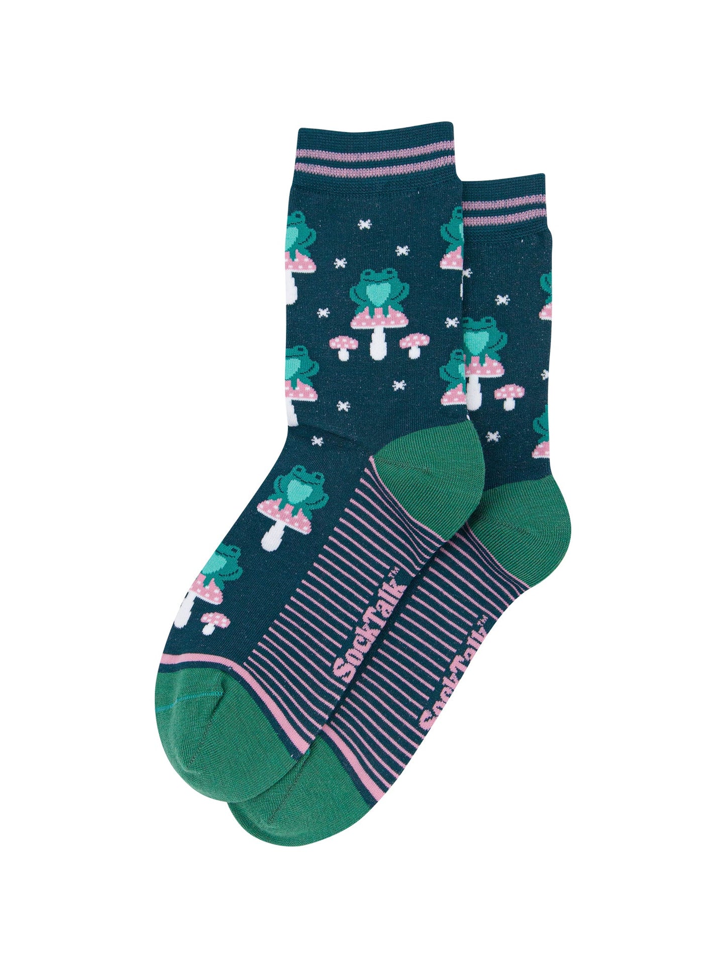 Frog-&-Toadstool-Women's-Bamboo-Socks-in-Forest-Green-Laid-Flat