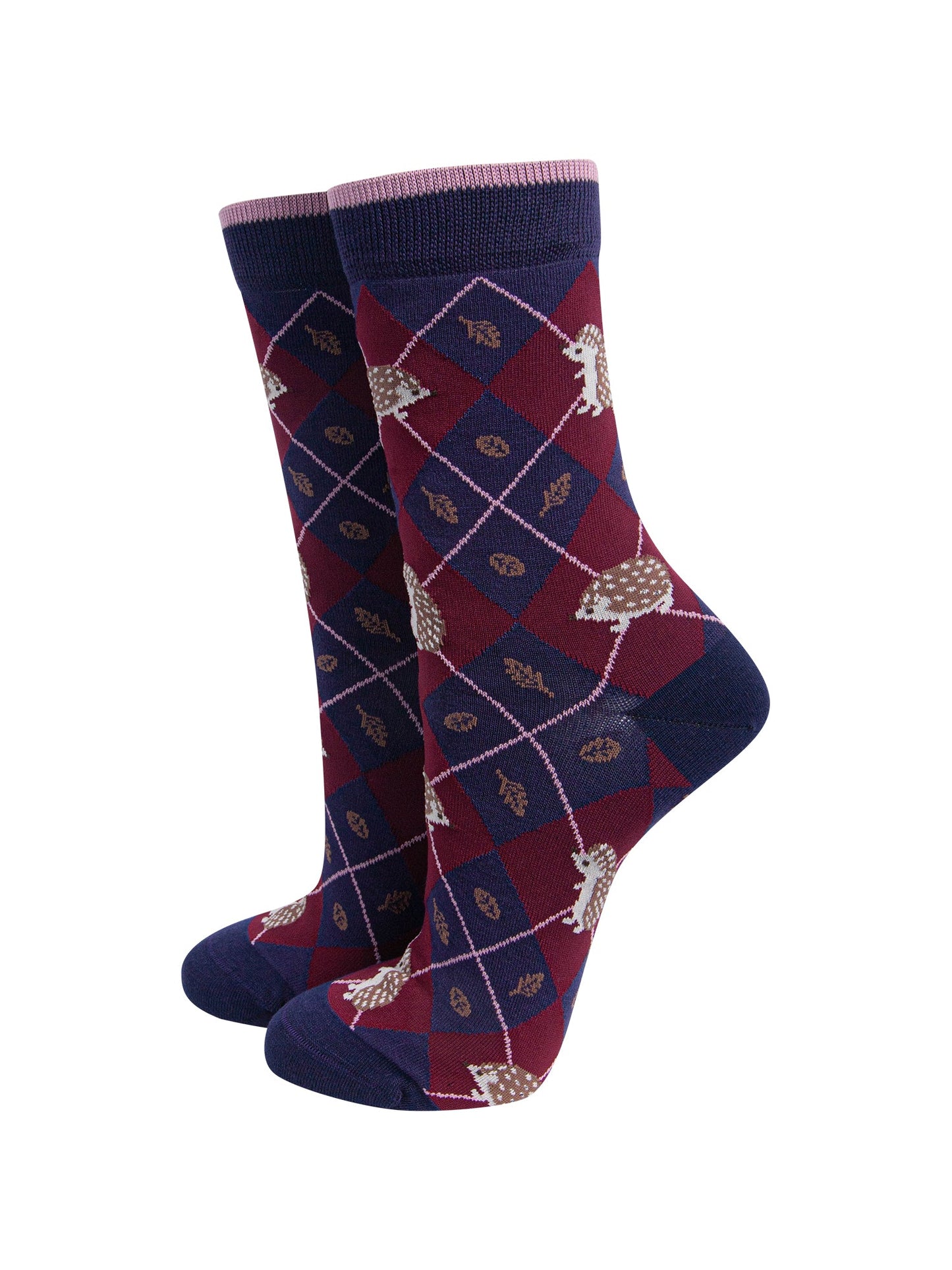 Hedgehog-Women's-Bamboo-Socks-in-Navy-Blue/Burgundy-On-Mannequin