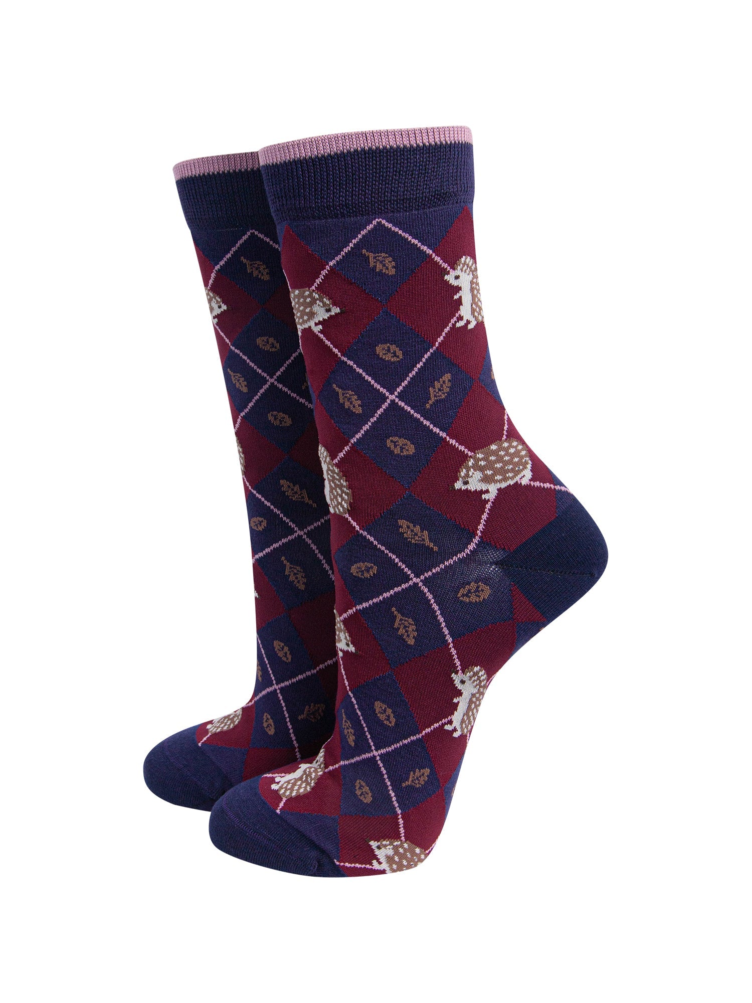 Hedgehog-Women's-Bamboo-Socks-in-Navy-Blue/Burgundy-On-Mannequin