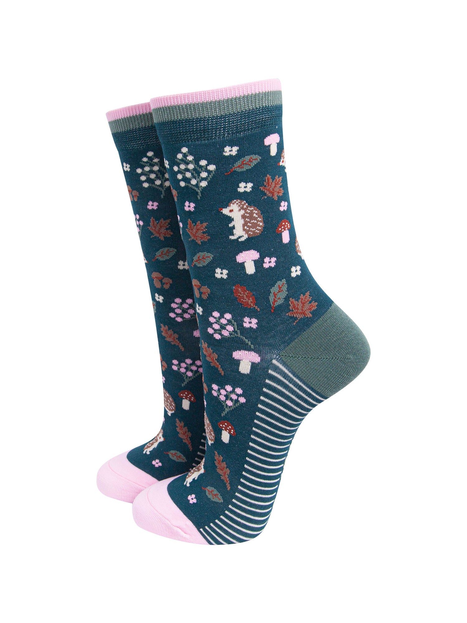 Hedgehog-Women's-Bamboo-Socks-in-Forest-Green-On-Mannequin