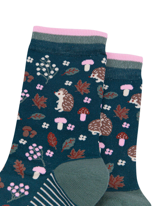 Hedgehog-Women's-Bamboo-Socks-in-Forest-Green-Close-Up