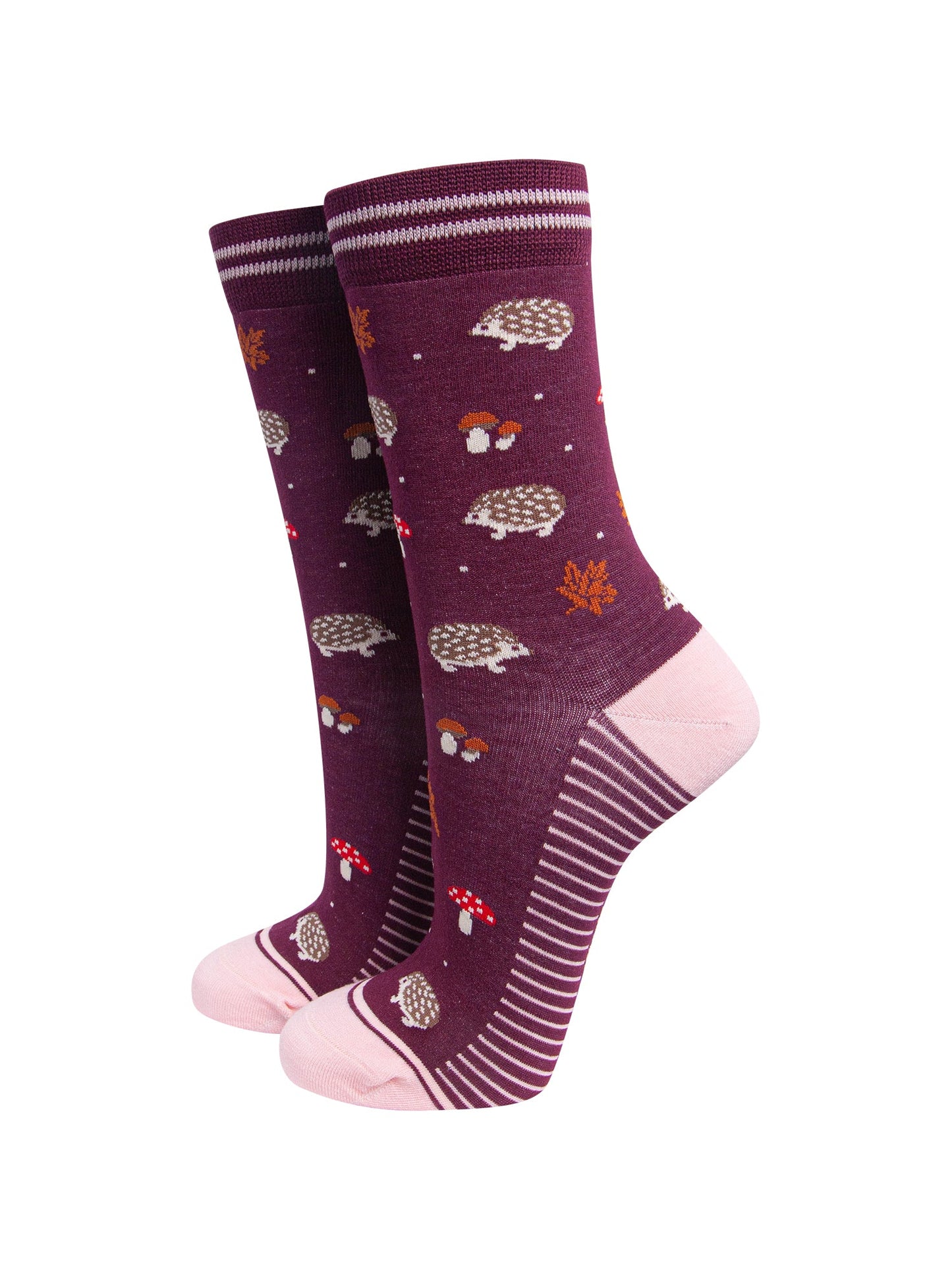 Hedgehog-Women's-Bamboo-Socks-in-Burgundy-On-Mannequin