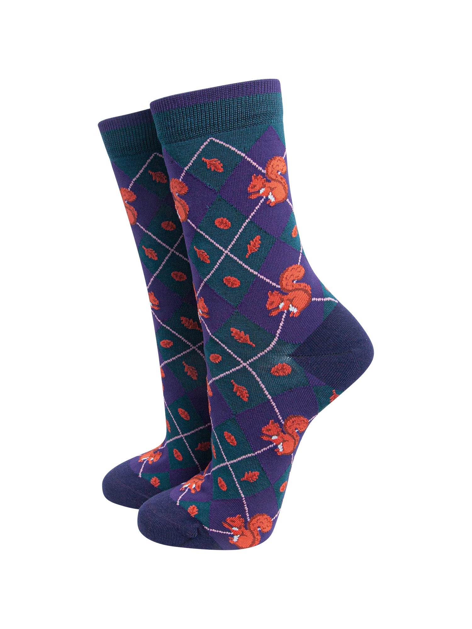 Squirrel-Women's-Bamboo-Socks-in-Forest-Green-On-Mannequin