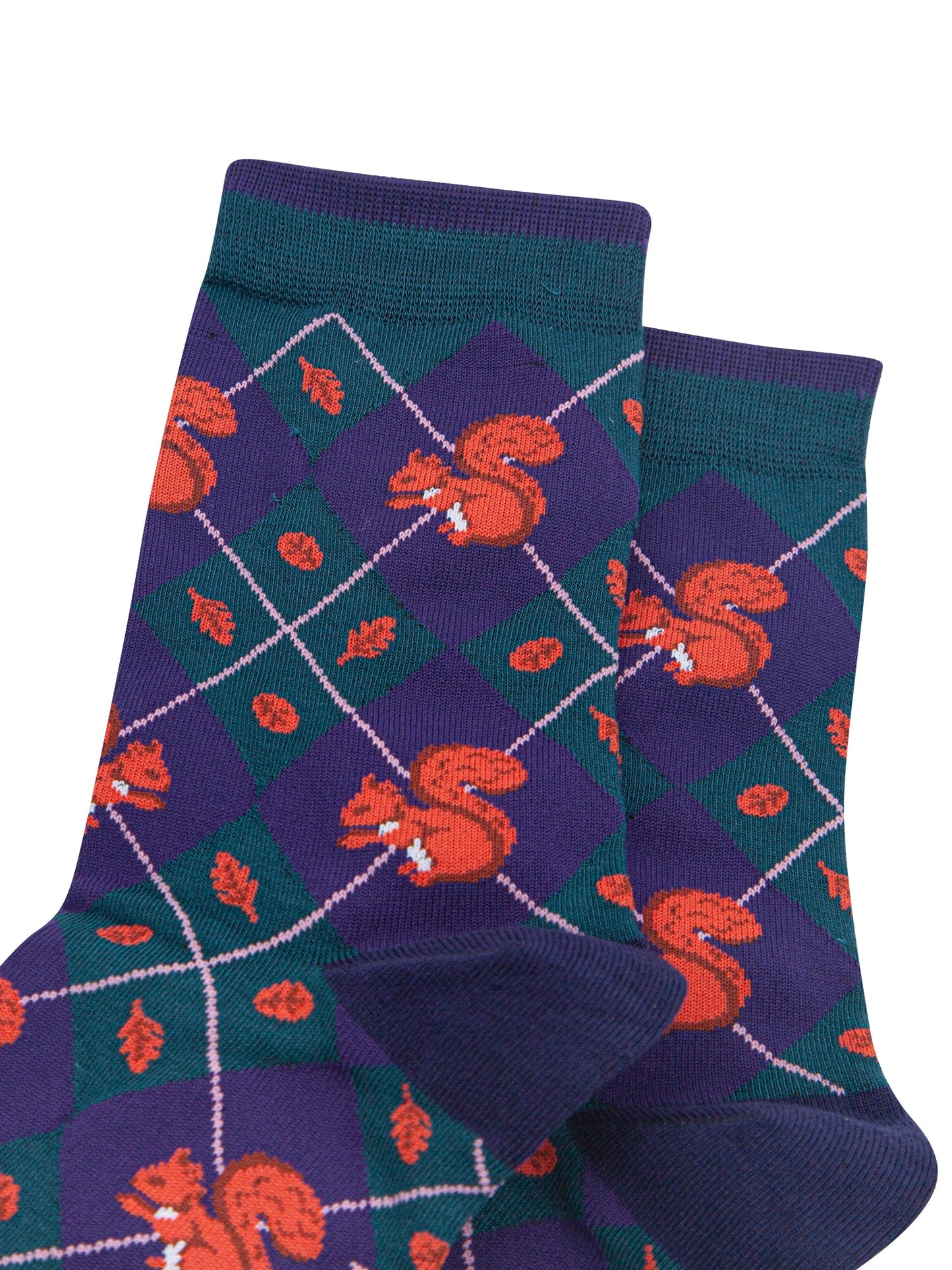 Squirrel-Women's-Bamboo-Socks-in-Forest-Green-Close-Up