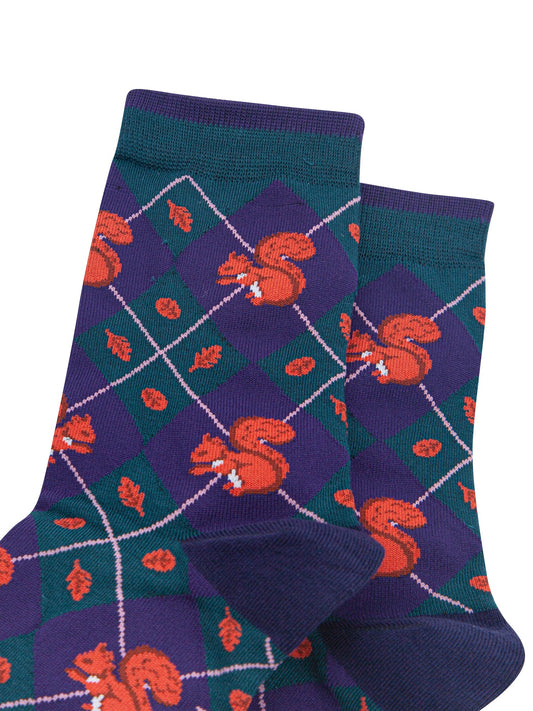 Squirrel-Women's-Bamboo-Socks-in-Forest-Green-Close-Up