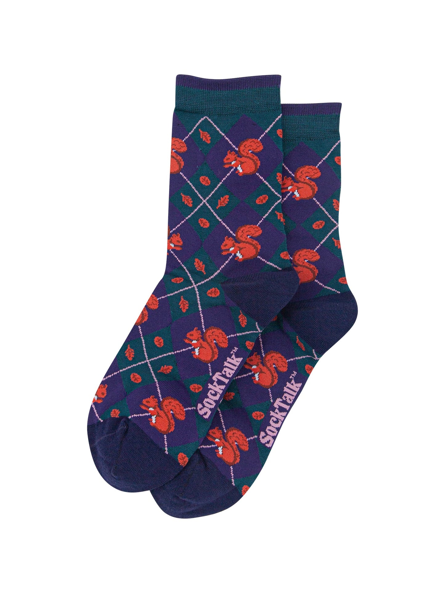 Squirrel-Women's-Bamboo-Socks-in-Forest-Green-Laid-Flat