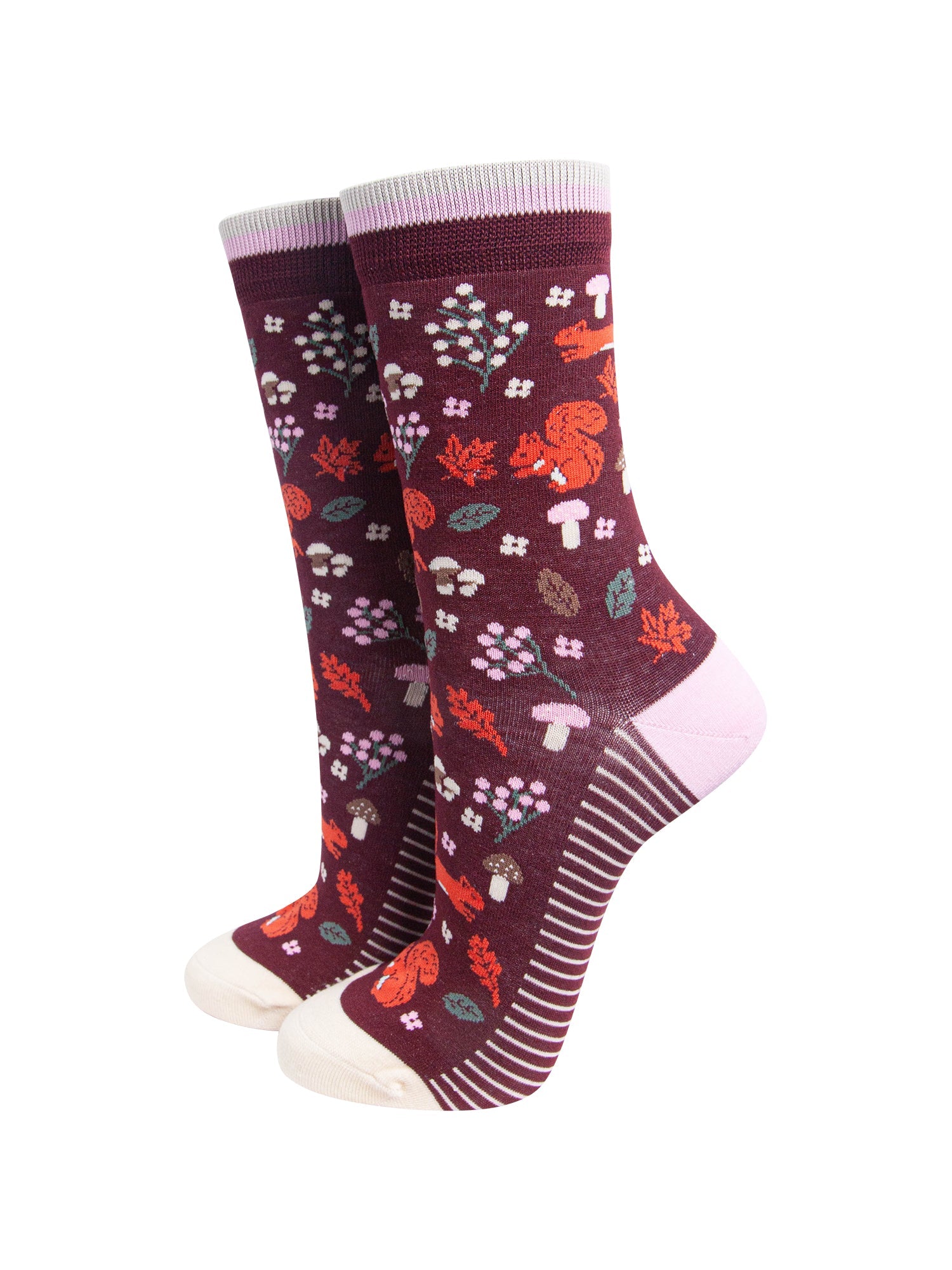Squirrel-Women's-Bamboo-Socks-in-Burgundy-On-Mannequin