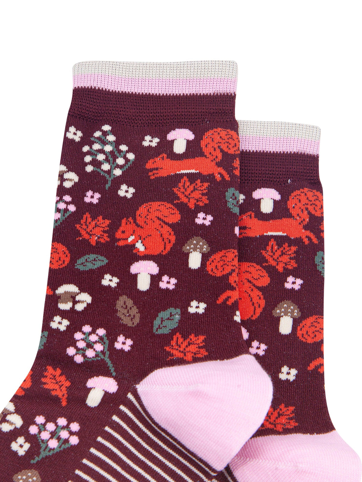 Squirrel-Women's-Bamboo-Socks-in-Burgundy-Close-Up