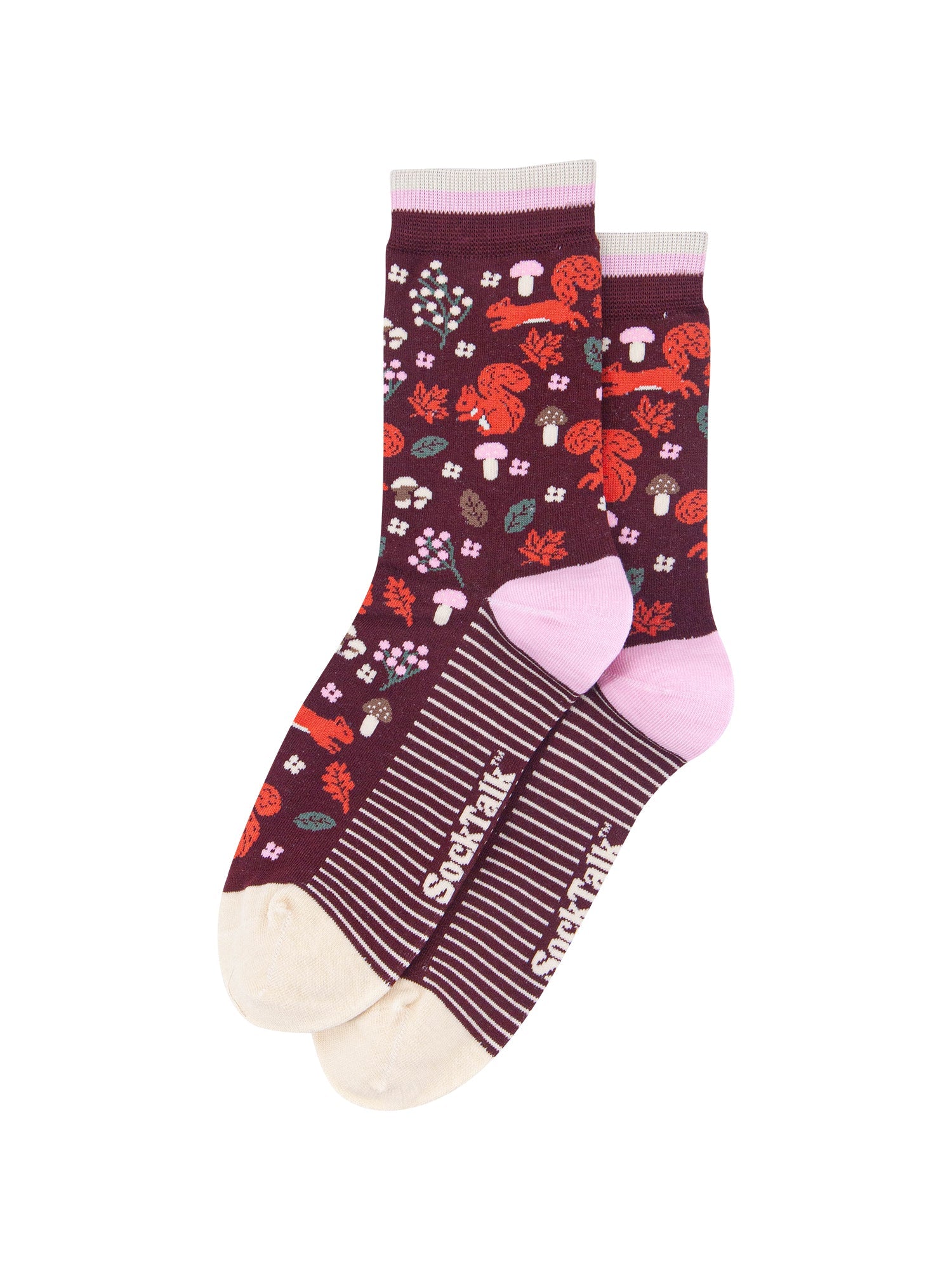 Squirrel-Women's-Bamboo-Socks-in-Burgundy-Laid-Flat