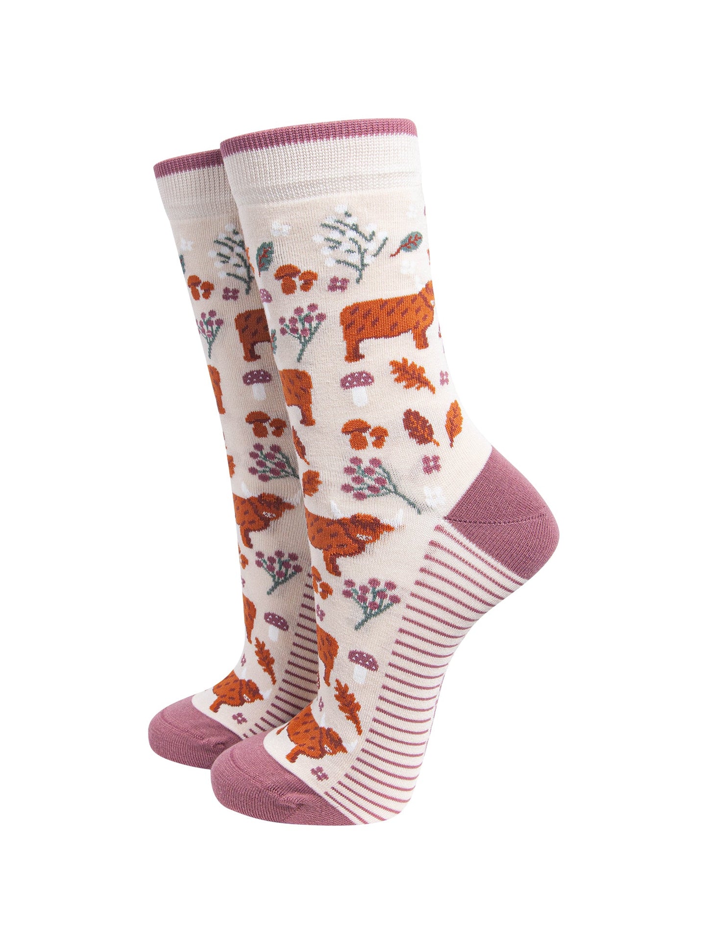 Highland-Cow-Floral-Women's-Bamboo-Socks-in-Cream-On-Mannequin