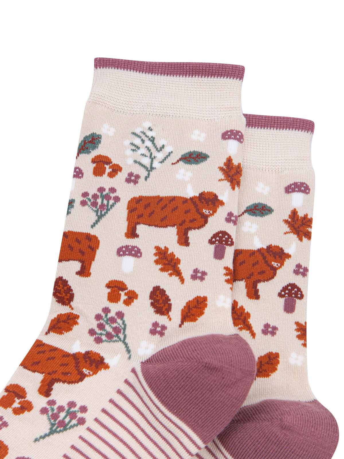 Highland-Cow-Floral-Women's-Bamboo-Socks-in-Cream-Close-Up