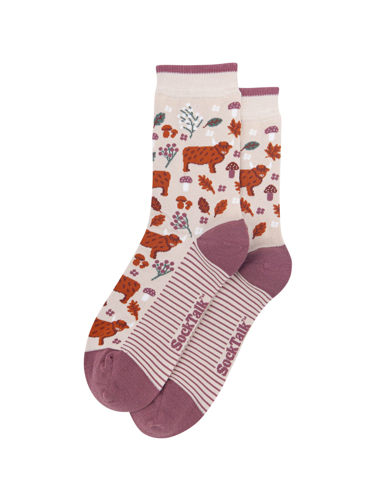 Highland-Cow-Floral-Women's-Bamboo-Socks-in-Cream-Laid-Flat