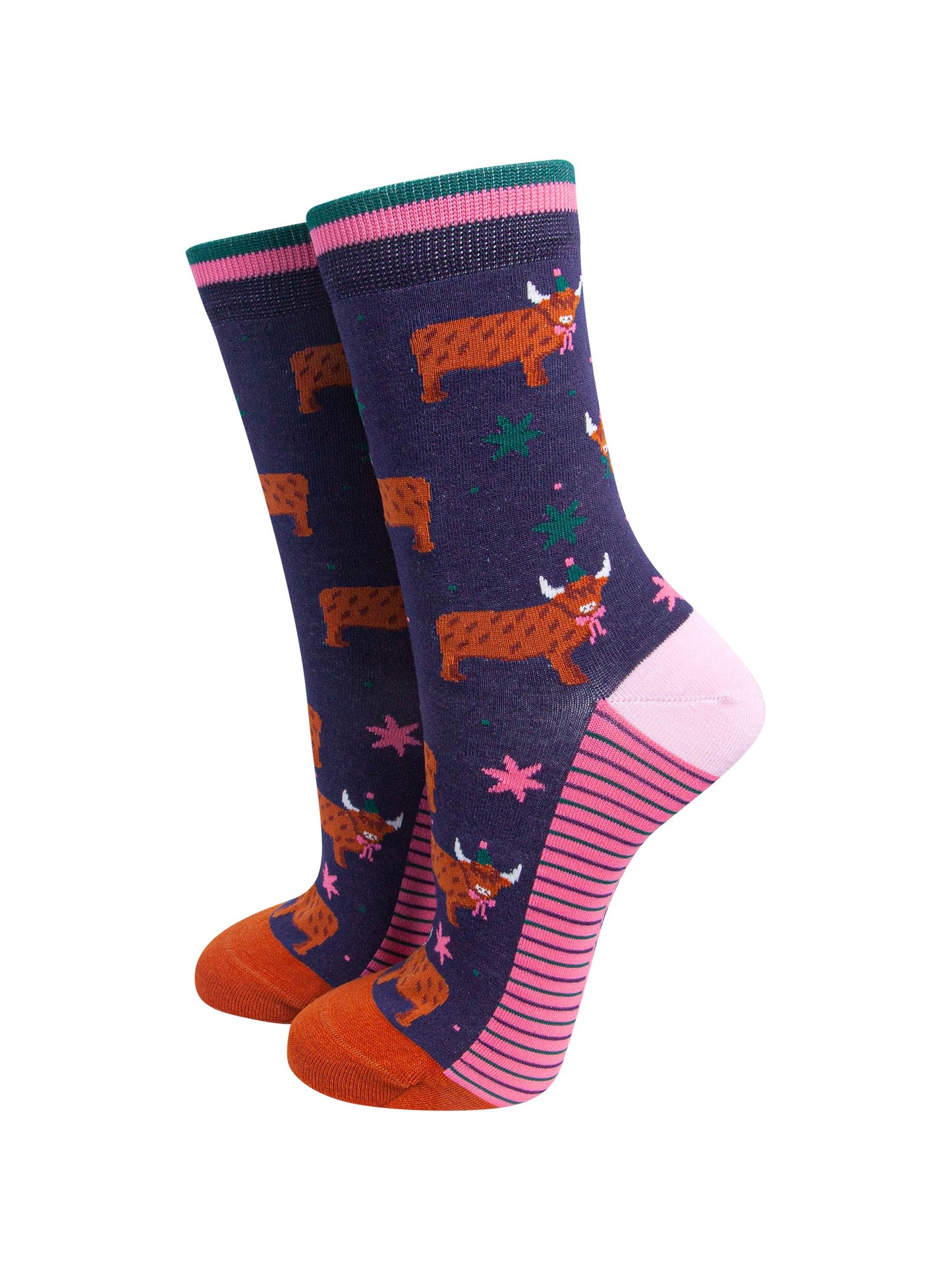 Party-Highland-Cow-Women's-Bamboo-Socks-in-Navy-Blue-On-Mannequin