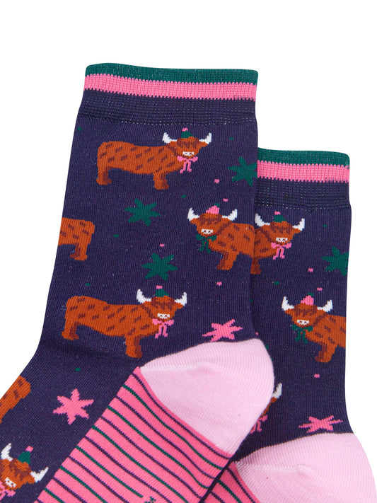 Party-Highland-Cow-Women's-Bamboo-Socks-in-Navy-Blue-Close-Up