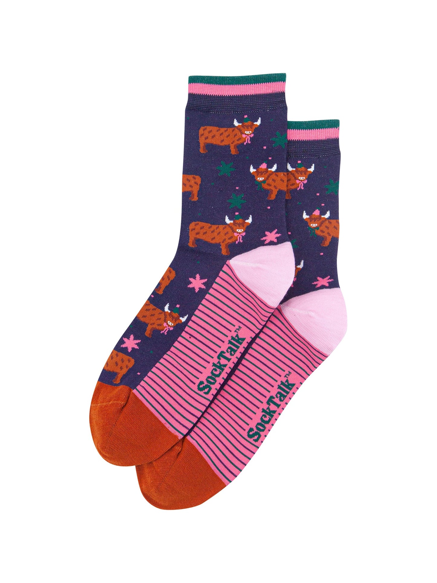 Party-Highland-Cow-Women's-Bamboo-Socks-in-Navy-Blue-Laid-Flat