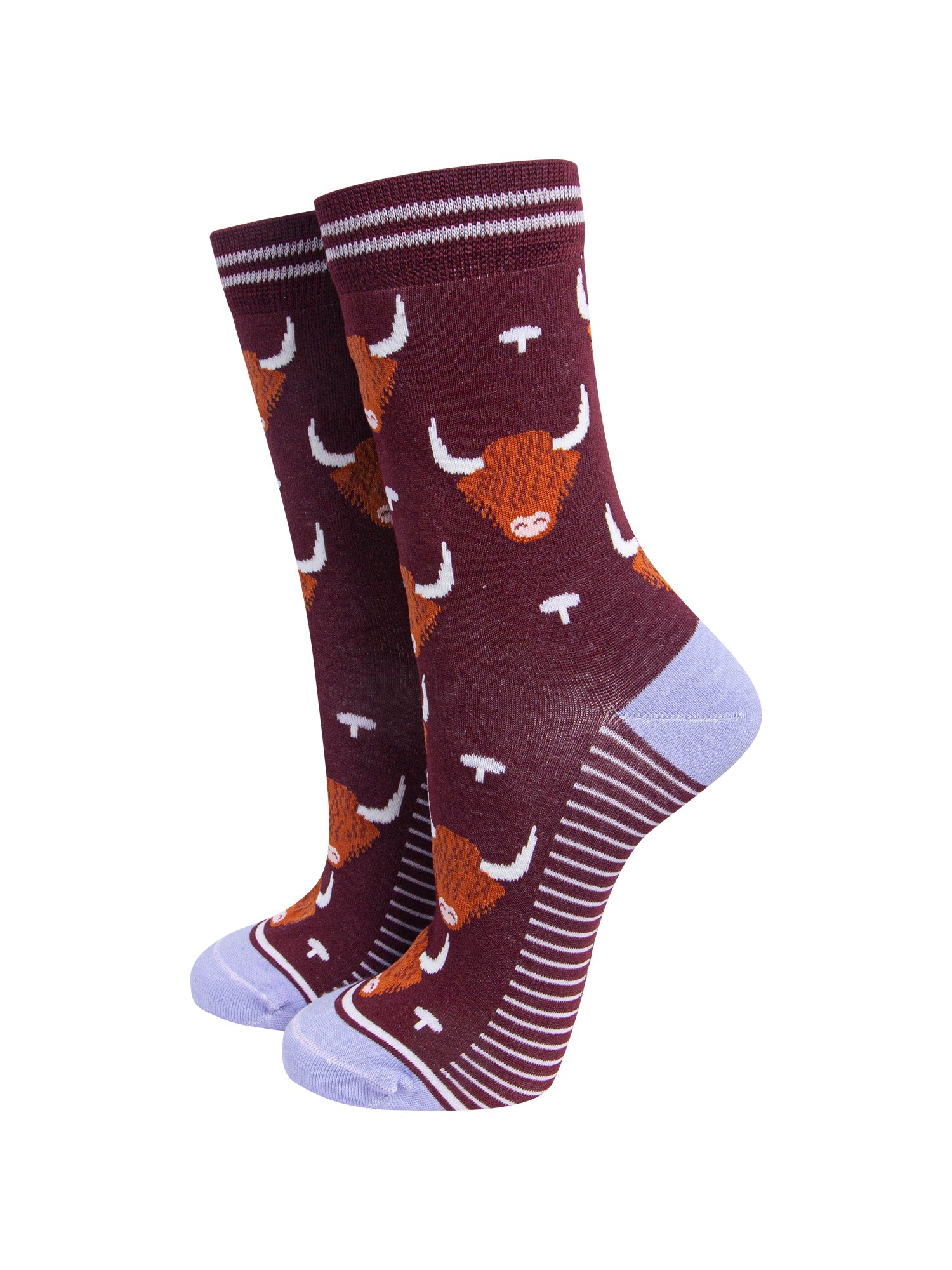 Highland-Cow-Women's-Bamboo-Socks-in-Burgundy-On-Mannequin