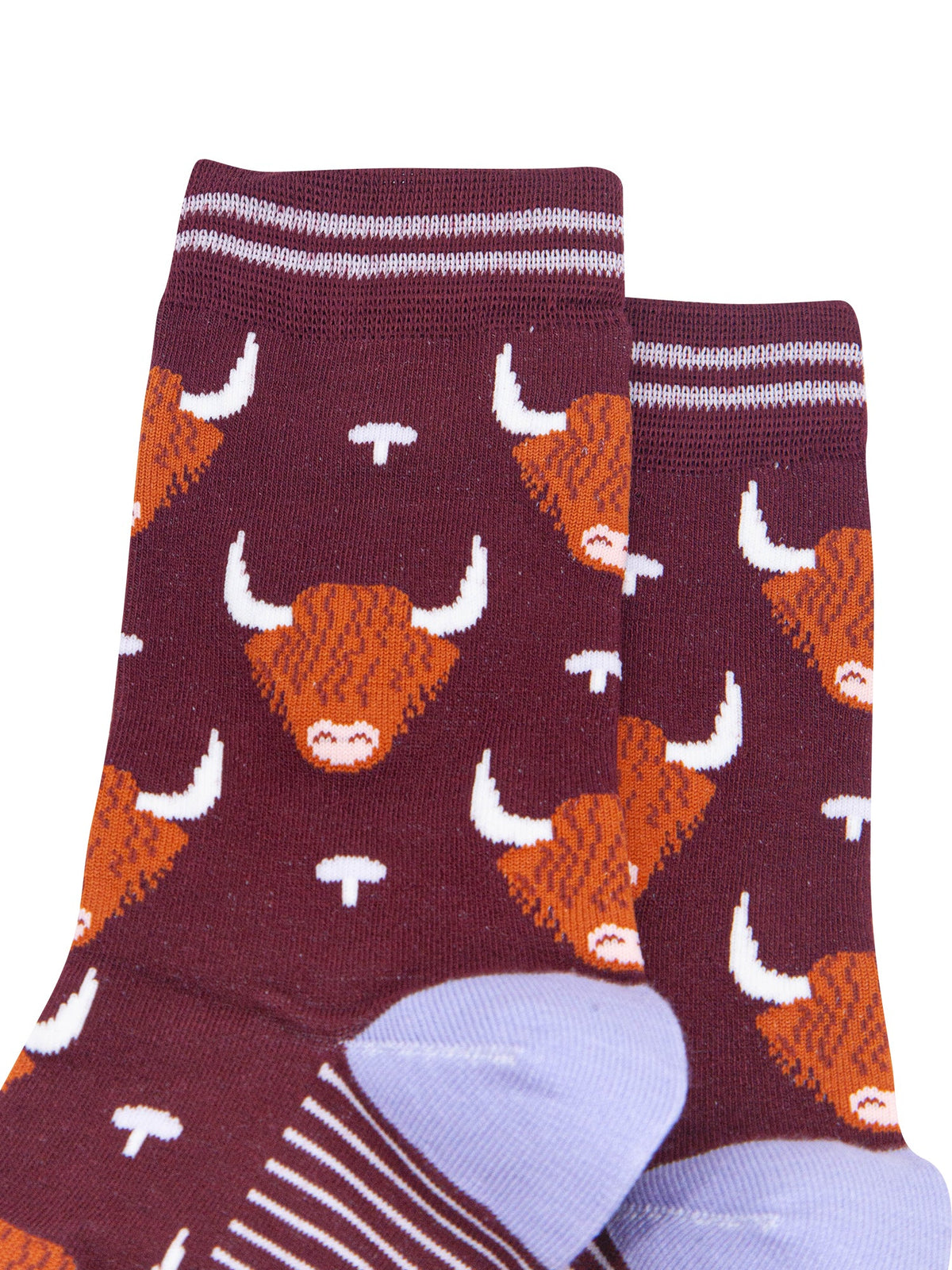Highland-Cow-Women's-Bamboo-Socks-in-Burgundy-Close-Up
