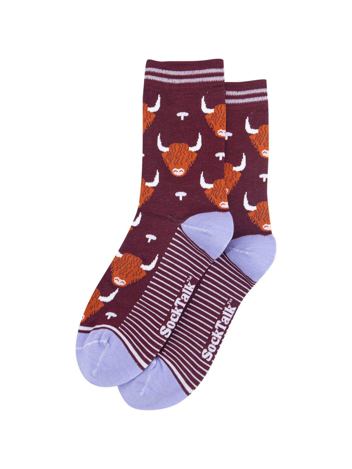 Highland-Cow-Women's-Bamboo-Socks-in-Burgundy-Laid-Flat
