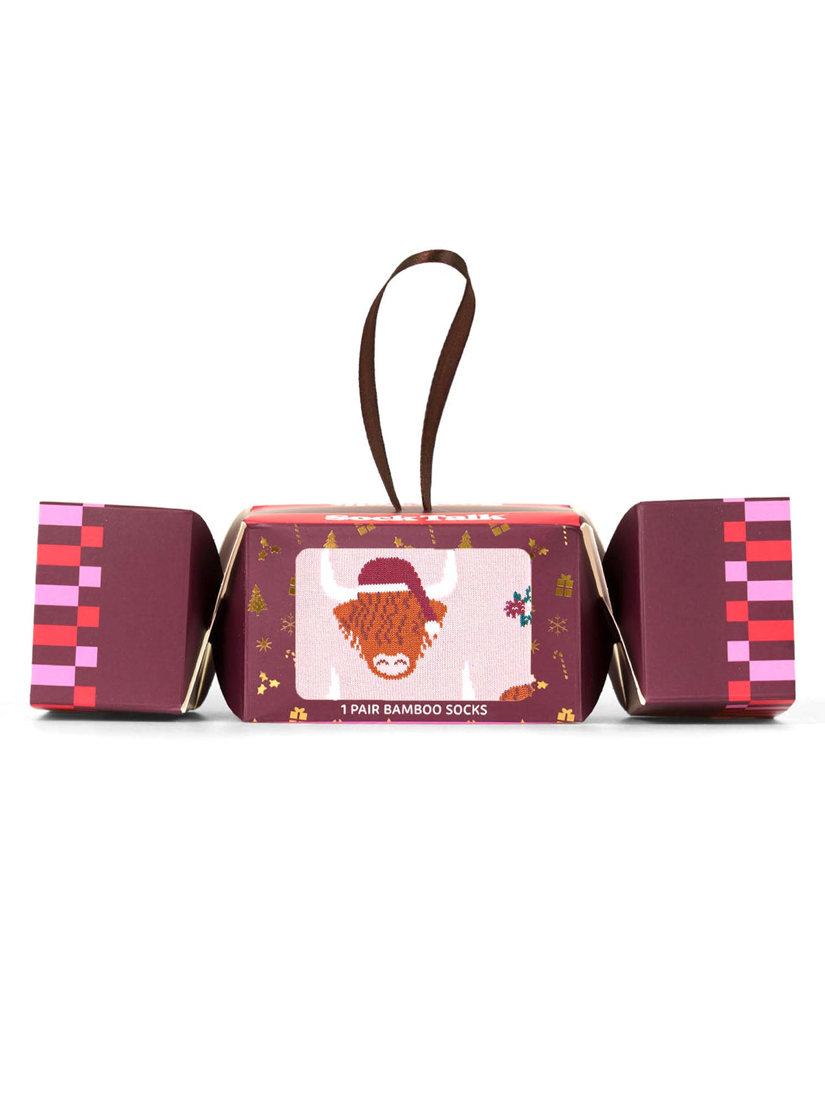 Santa-Highland-Cow-Bamboo-Crew-Socks-Christmas-Cracker-Gift-Box-in-Pink