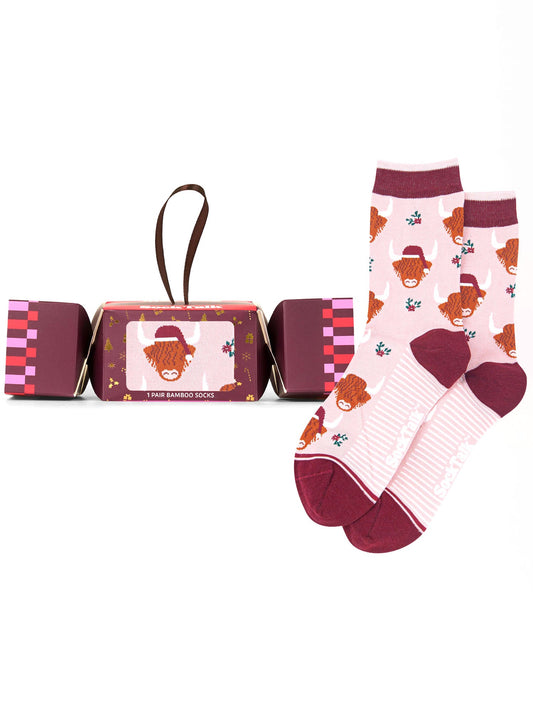 Santa-Highland-Cow-Bamboo-Crew-Socks-Christmas-Cracker-Gift-Box-in-Pink