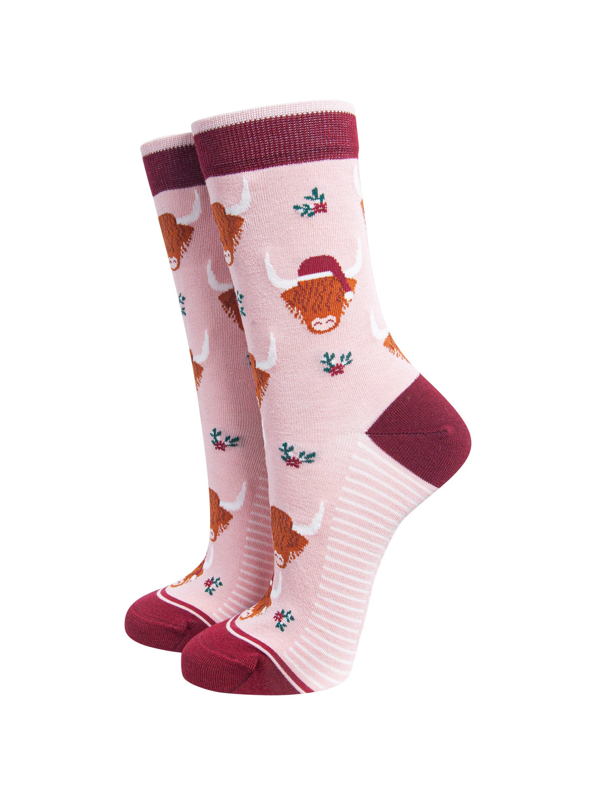 Christmas-Highland-Cow-Women's-Bamboo-Socks-in-Soft-Pink-On-Mannequin